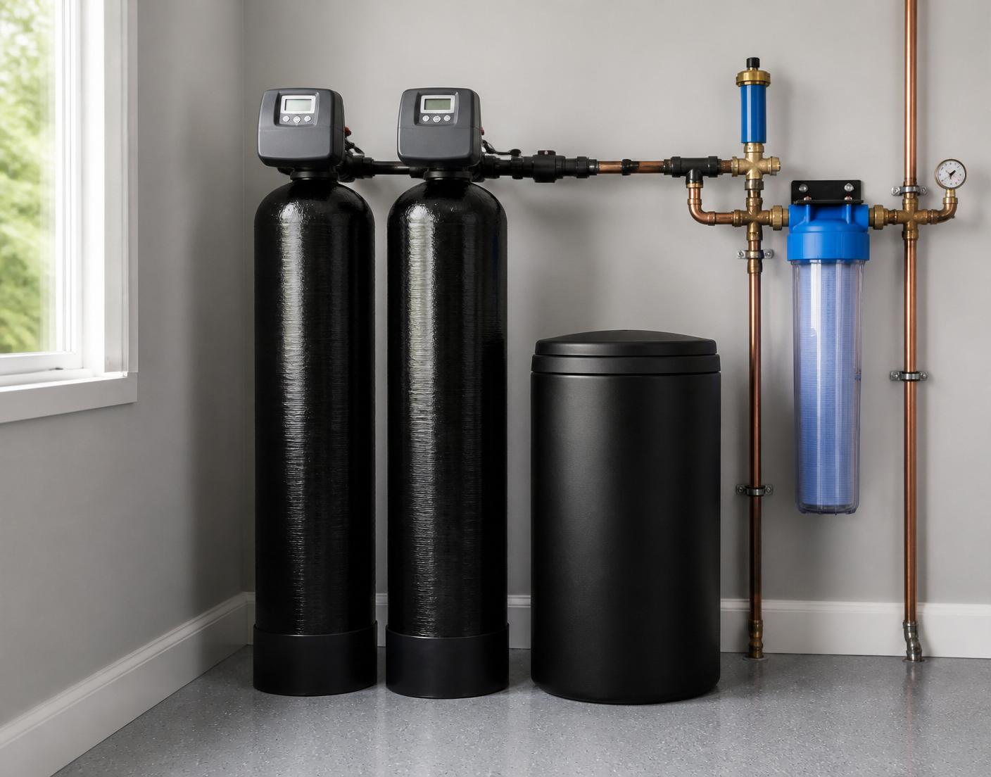 Whole-home water treatment equipment installed in a residential utility room